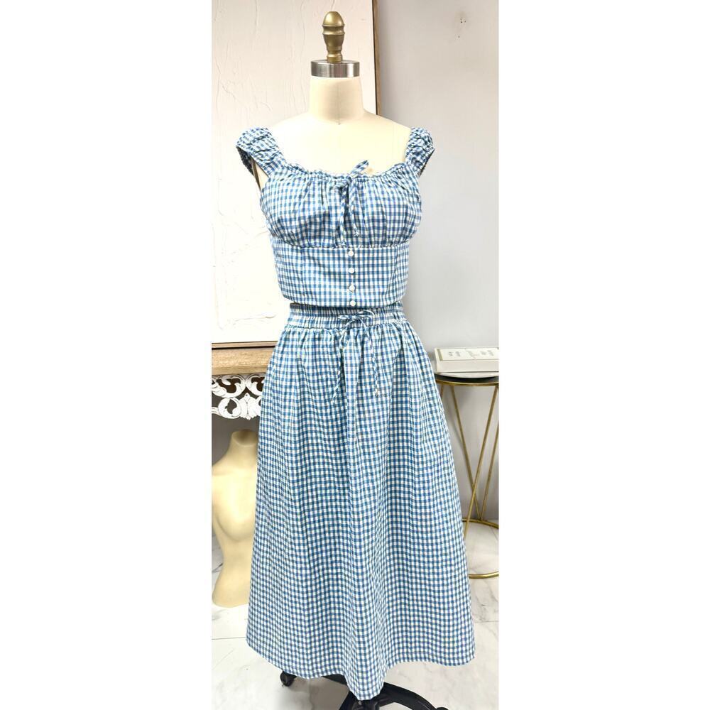 NWT Monteau Los Angeles 2 Piece Blue Gingham Cottagecore Picnic Co Ord Set Sz L